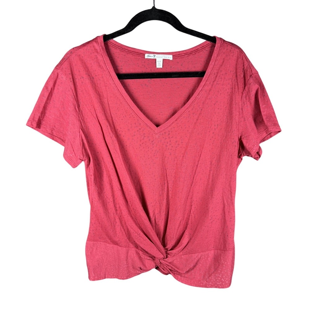 Seven7 V-Neck Top Women M Red Burnout Twist Front Short‎ Sleeve